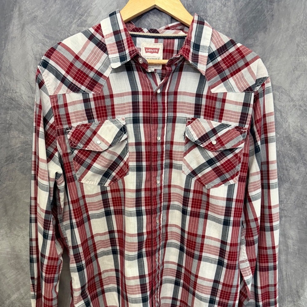 Levis Mens Large Modern Western Plaid Snap Button Shirt Red White Blue
